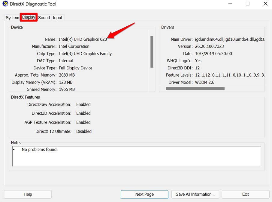 directx diagnostic tool for GPU