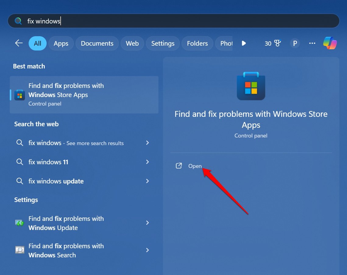 iniciar el solucionador de problemas de la aplicación de Windows Store