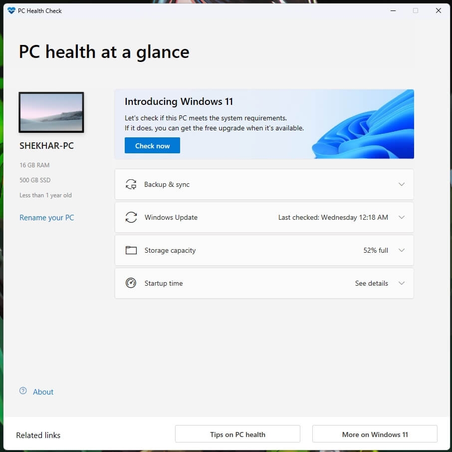 Aplicativo de Verificação de Saúde do PC do Windows - Windows 12