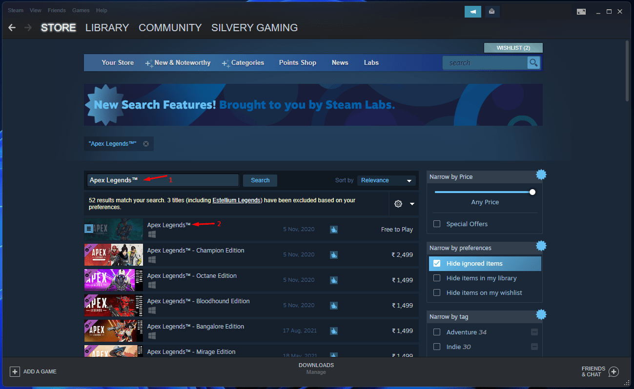 Recherchez le jeu EA disponible sur Steam