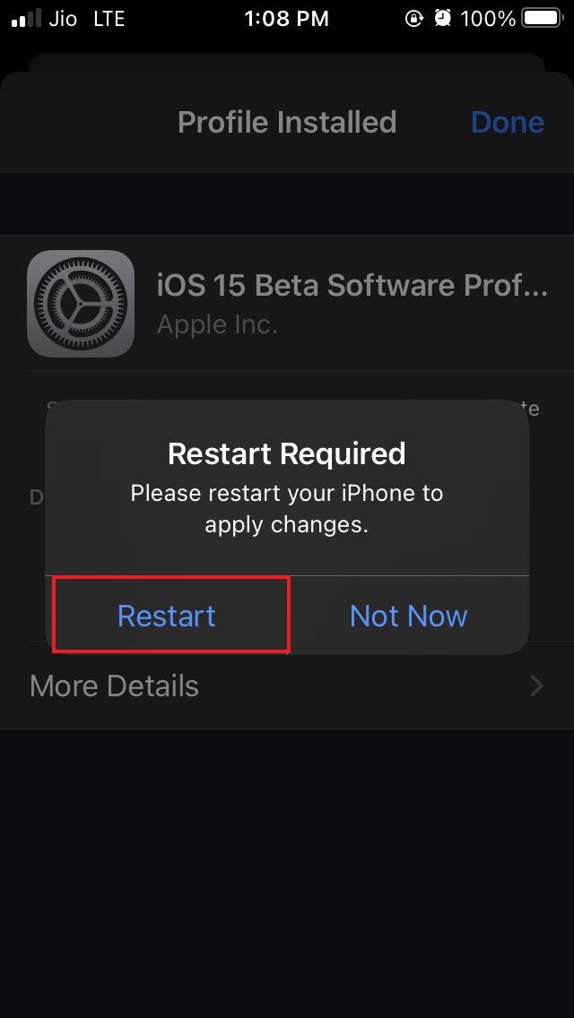 redémarrer l'iPhone après l'installation du profil