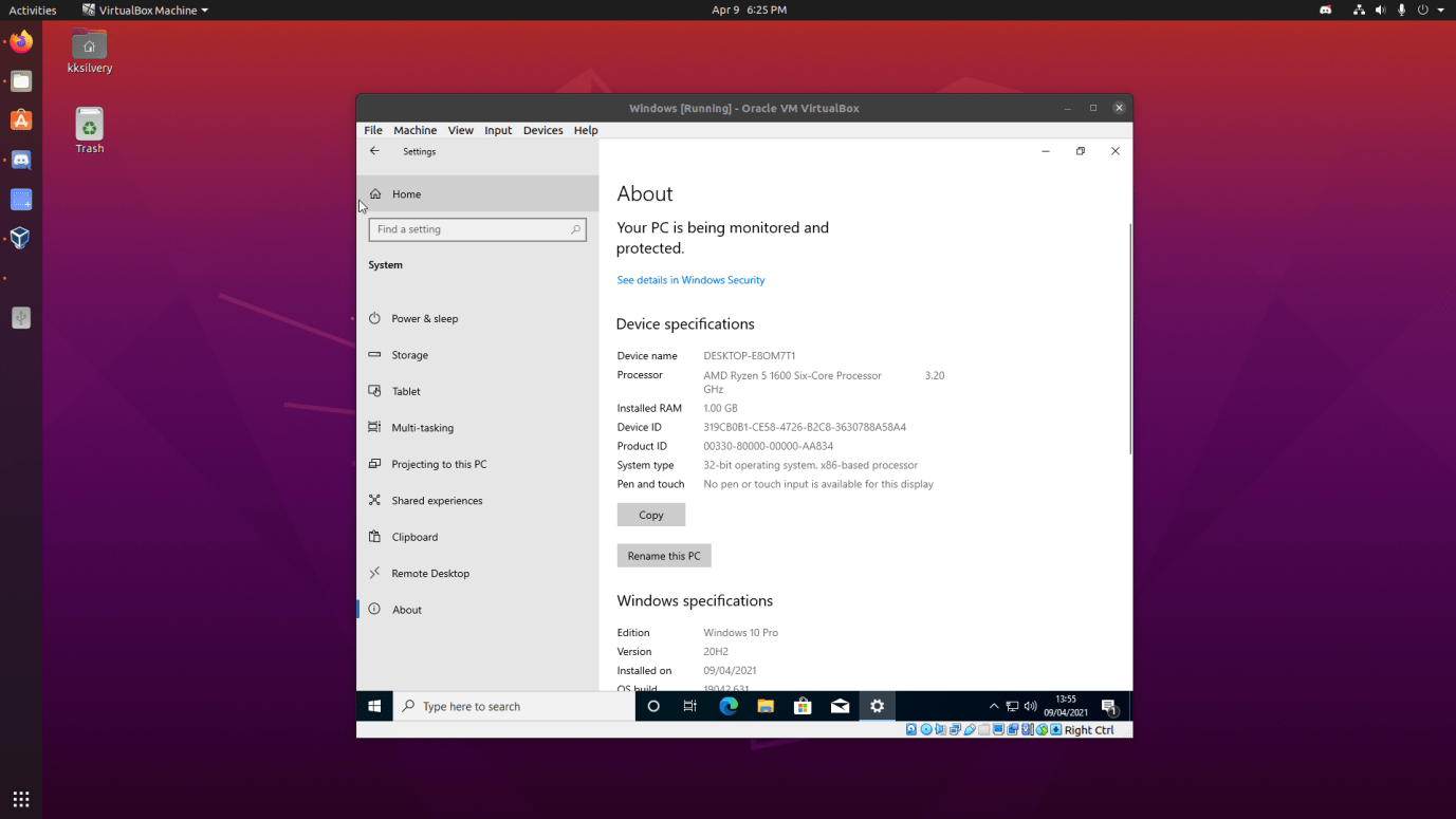 Windows 10 est actif sur Oracle VM Virtualbox et installé sur le PC Linux