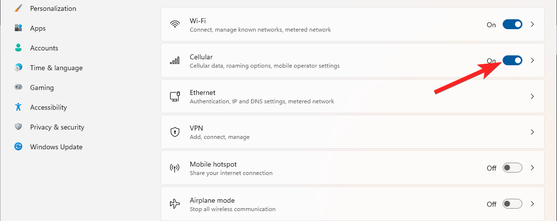 Attiva l'opzione cellulare in Windows 11