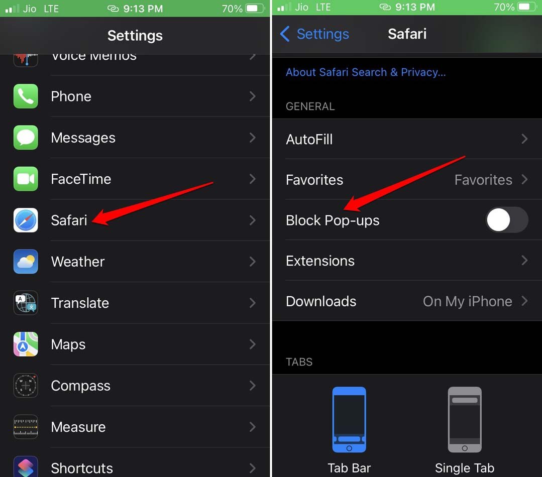 desbloquear pop-ups do Safari