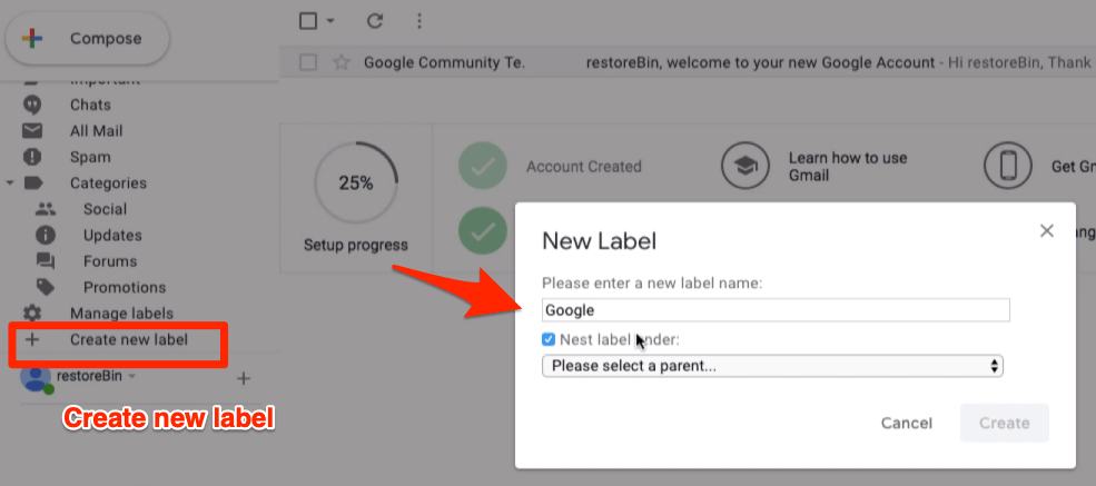 Créer une nouvelle fenêtre d'étiquette dans Gmail