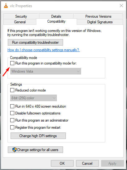 Fai clic su “Esegui questo programma in modalità compatibilità per” per continuare