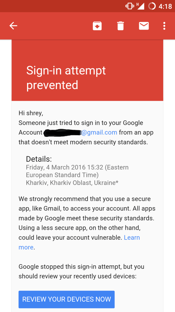 Mail di accesso Google bloccato