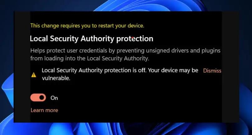 La protezione dell'autorità di sicurezza locale è disattivata