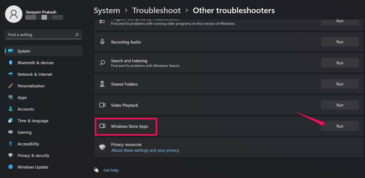 Windowsストアのトラブルシューティングを実行