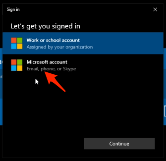 Scegli un'opzione, e ho selezionato “Account Microsoft”