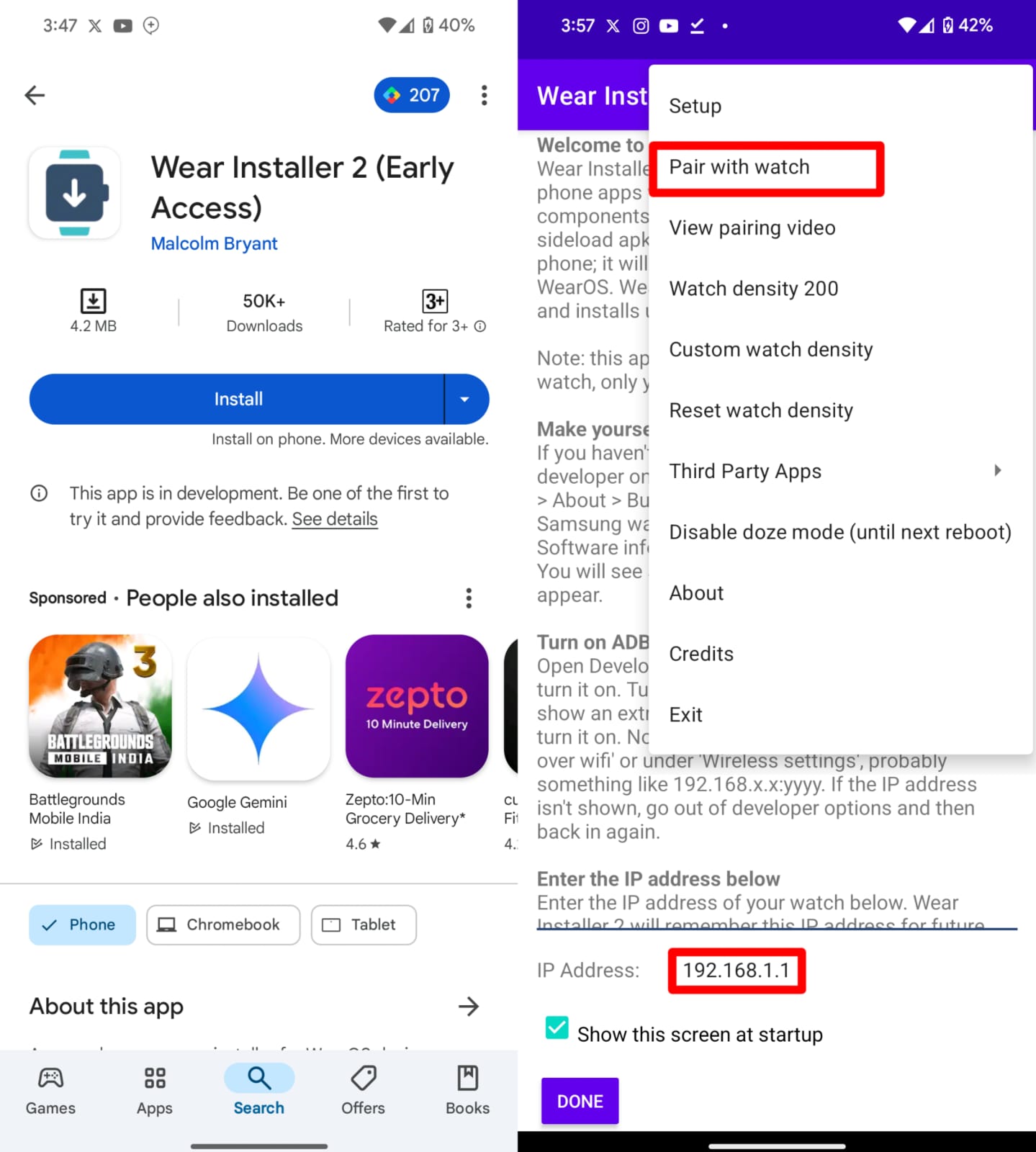 entrer l'adresse IP et appuyer sur Appairer avec la montre