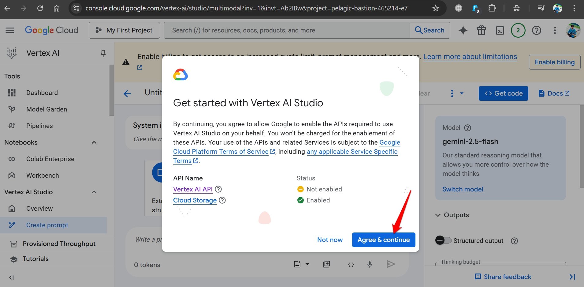 Vertex AI API 활성화 후 동의하고 계속