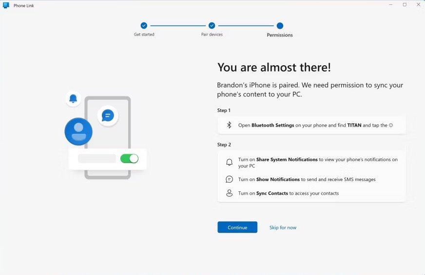 Concedi all'app Link to Windows l'accesso al Bluetooth quando richiesto