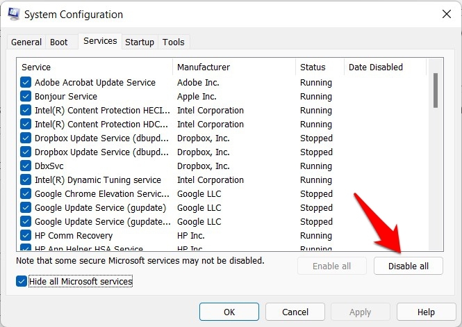 Windows 11에서 모든 타사 서비스 비활성화