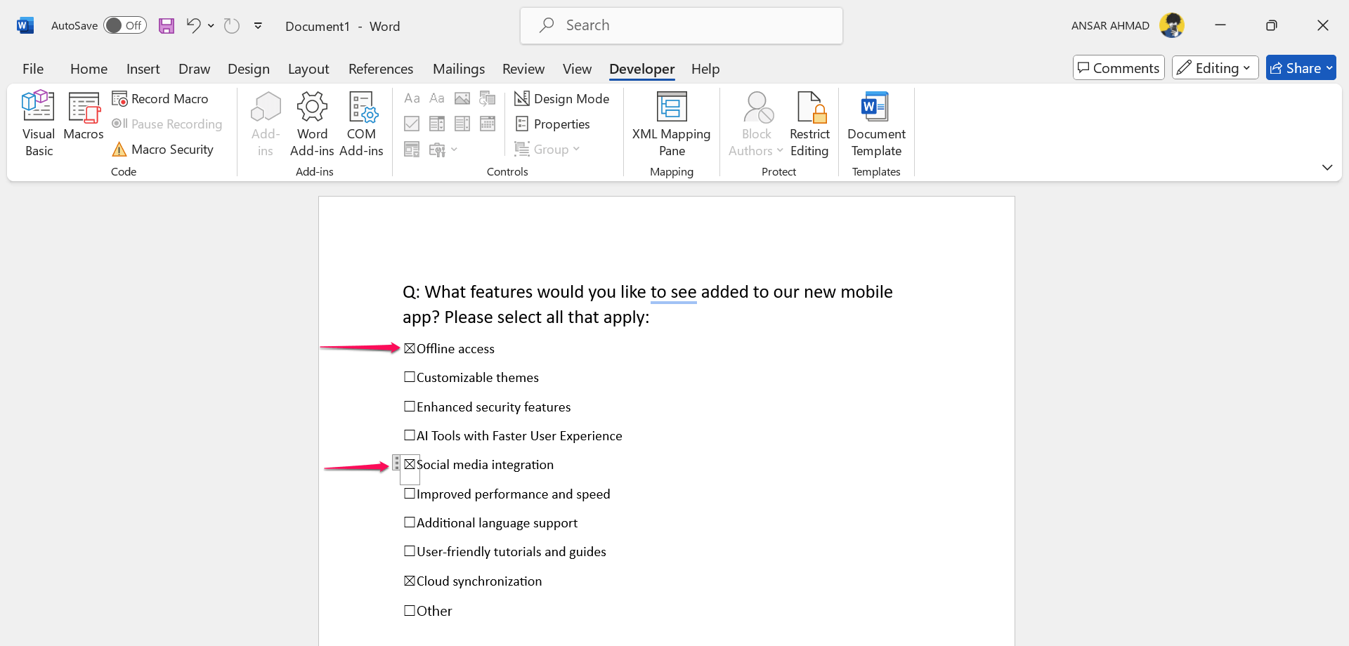 Caselle di controllo aggiunte nel documento Word utilizzando la scheda Sviluppatore