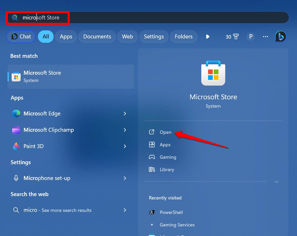 avvia Microsoft Store