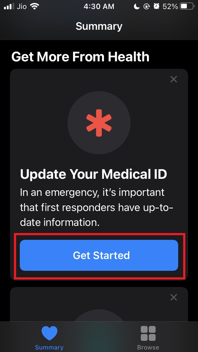 toca-comenzar para configurar la identificación médica