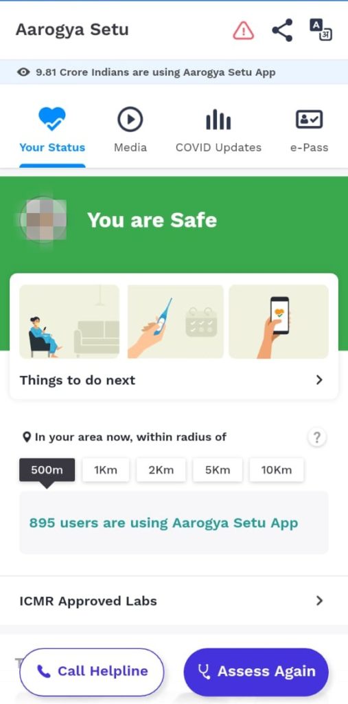 Interfaccia dell'Aarogya Setu App