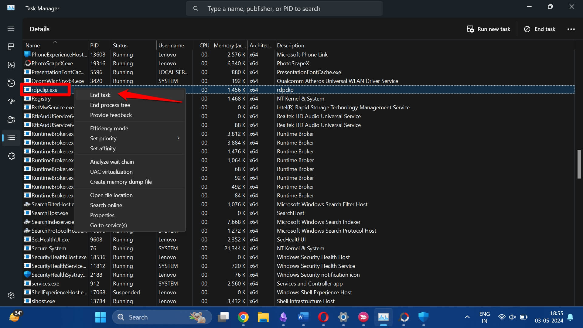 termina il processo rdpclip nel task manager di Windows