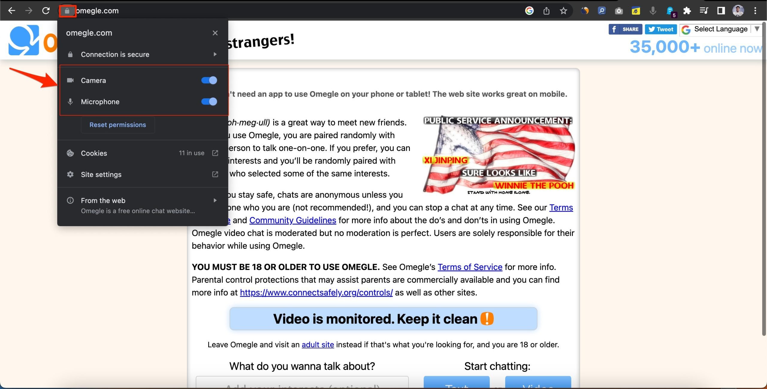 Browser Chromium facendo clic sull'icona del lucchetto
