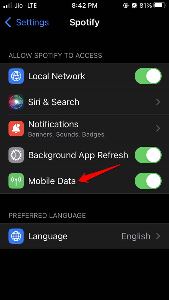 habilitar datos móviles para Spotify