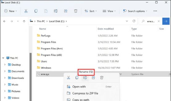 Renomear o arquivo ene.sys - O driver ene.sys não pode ser carregado