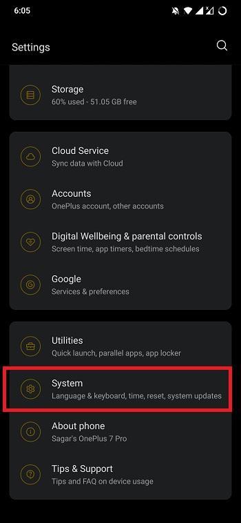 Opção de Configurações do Sistema