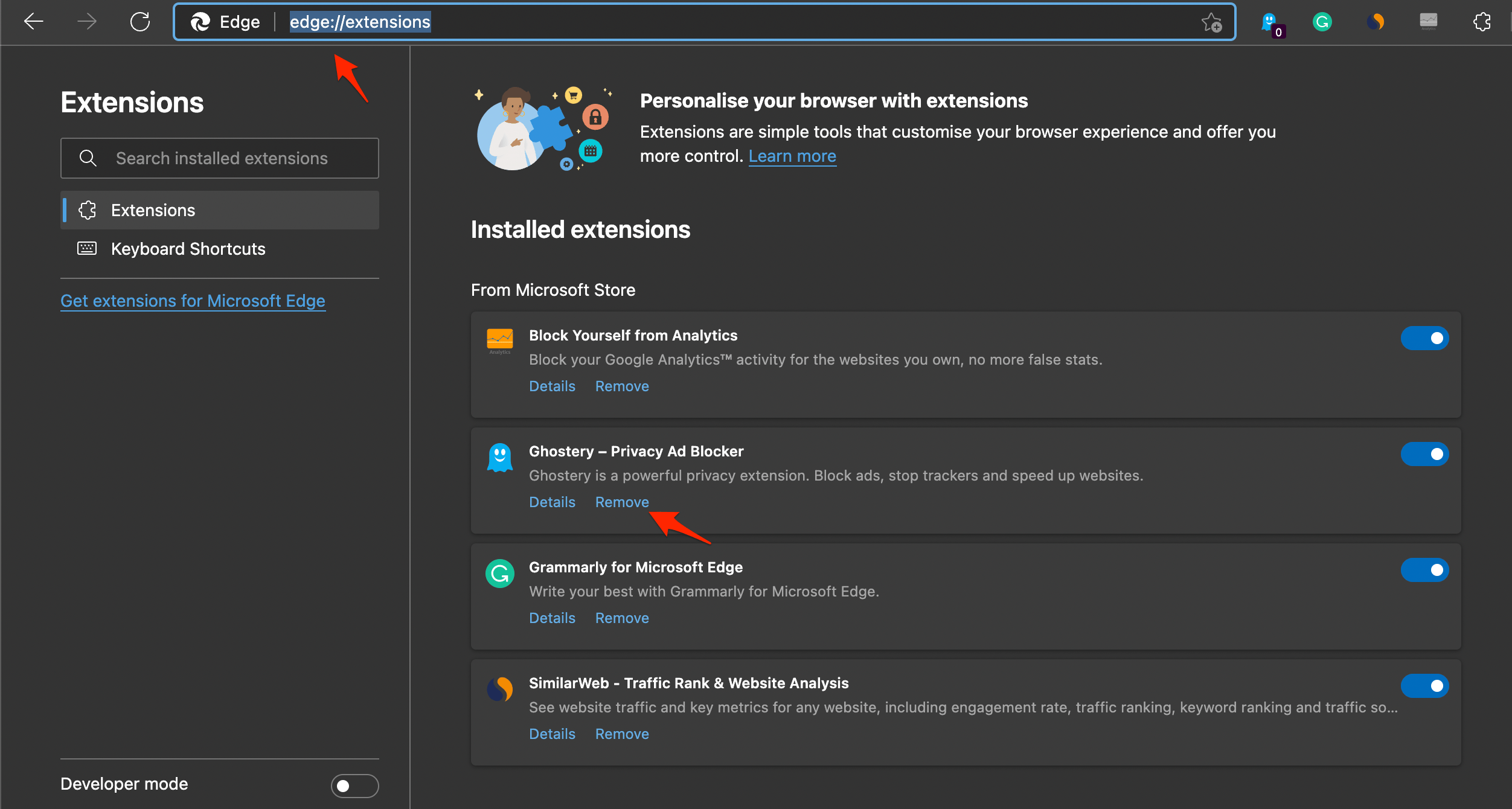Supprimer les extensions Edge