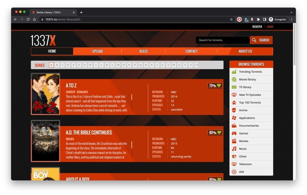 1337x - Торрент-сайты для ТВ-шоу