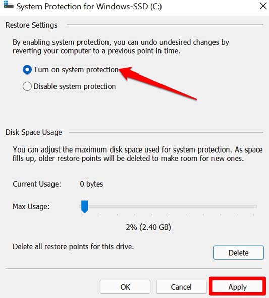 enable system protection