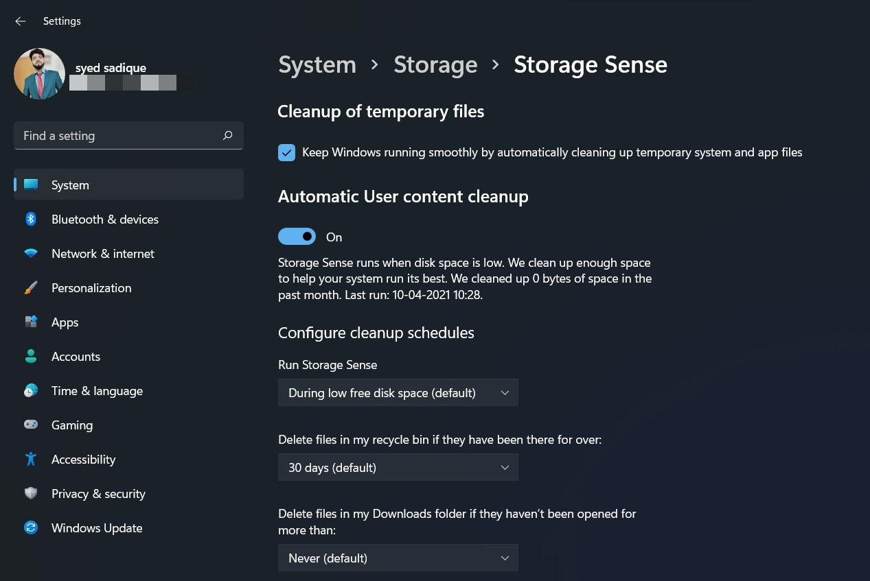 configura storage sense in windows 11