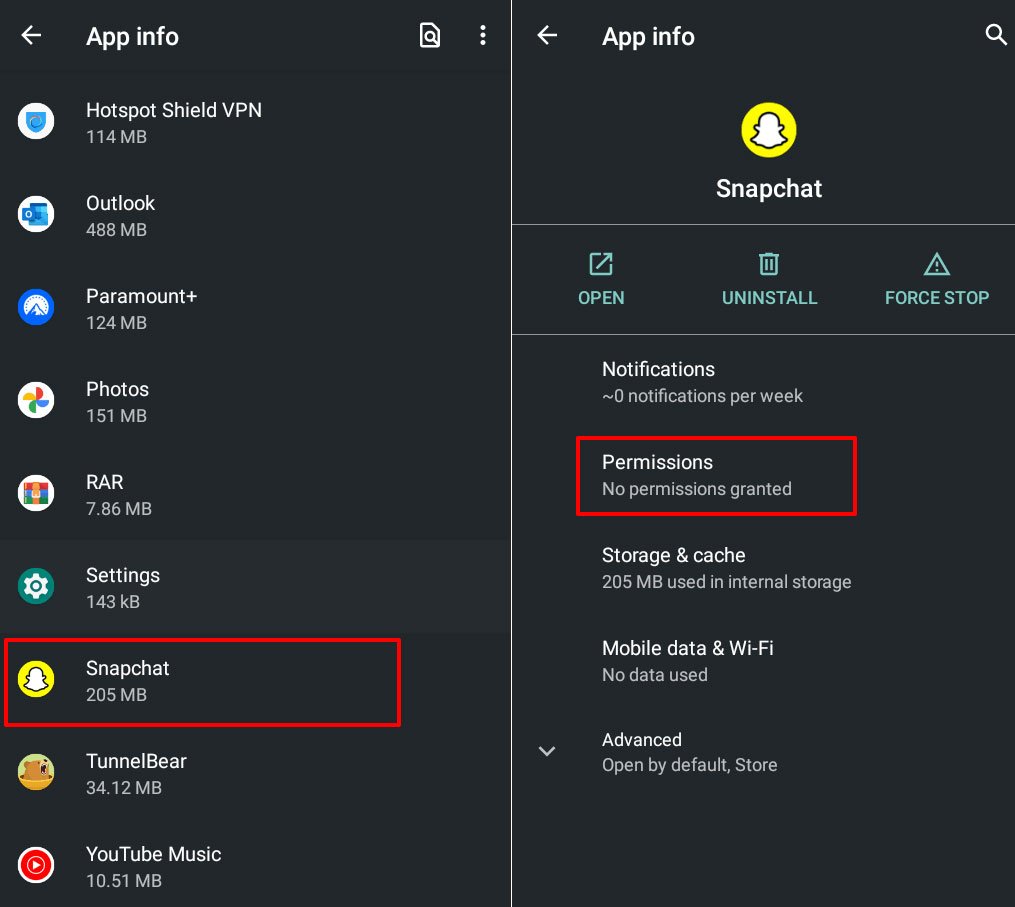 Snapchatの権限を確認