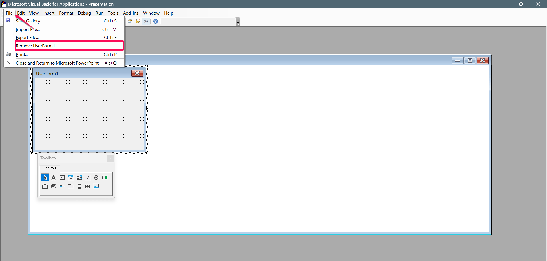 Elige Eliminar UserForm1