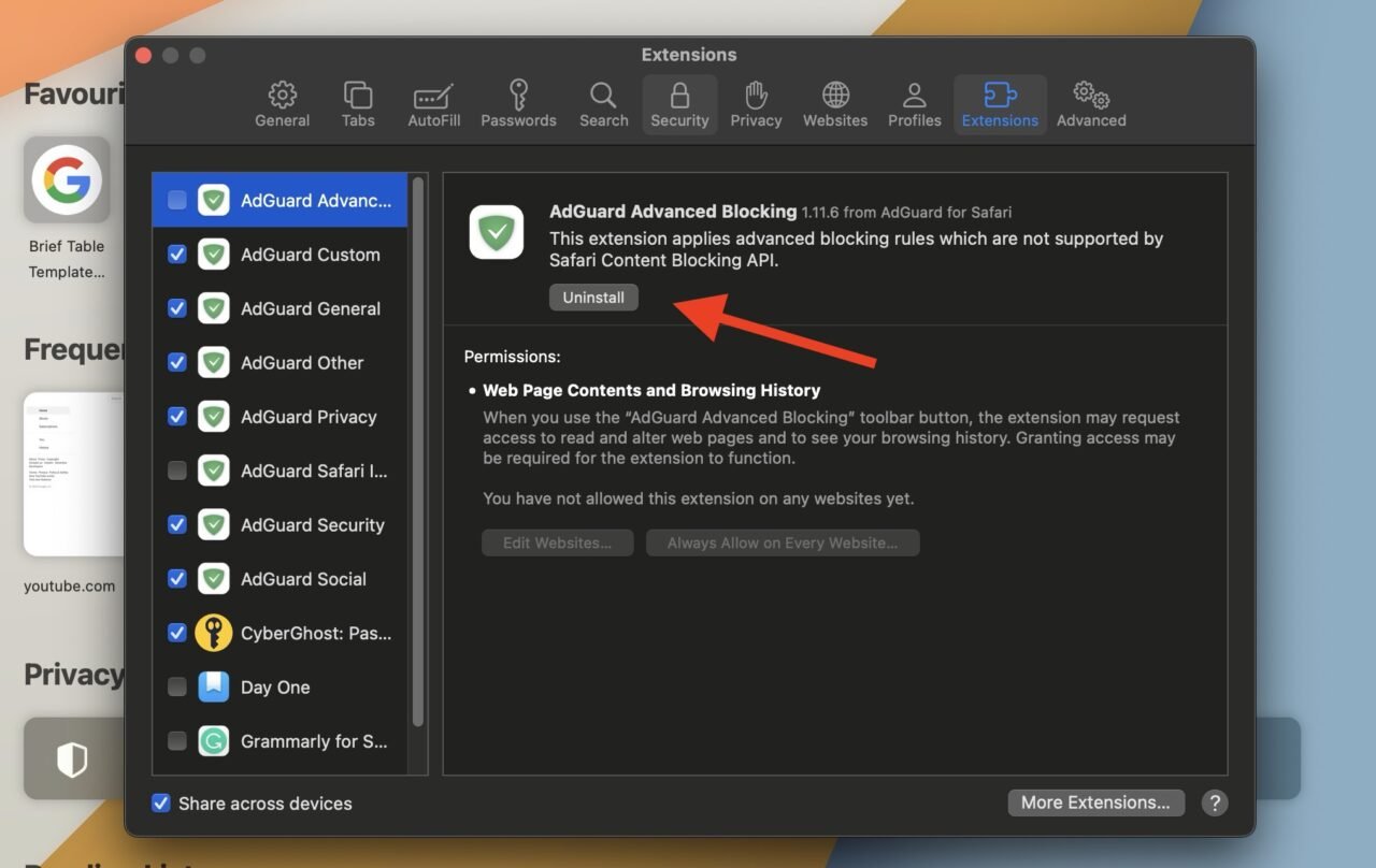 Désinstaller l'extension