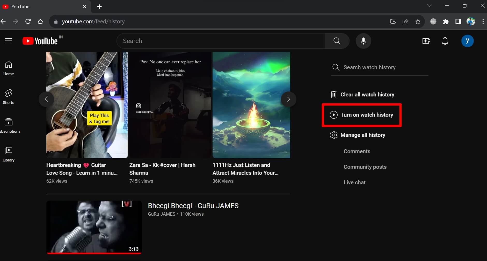 activar historial de visualización de YouTube