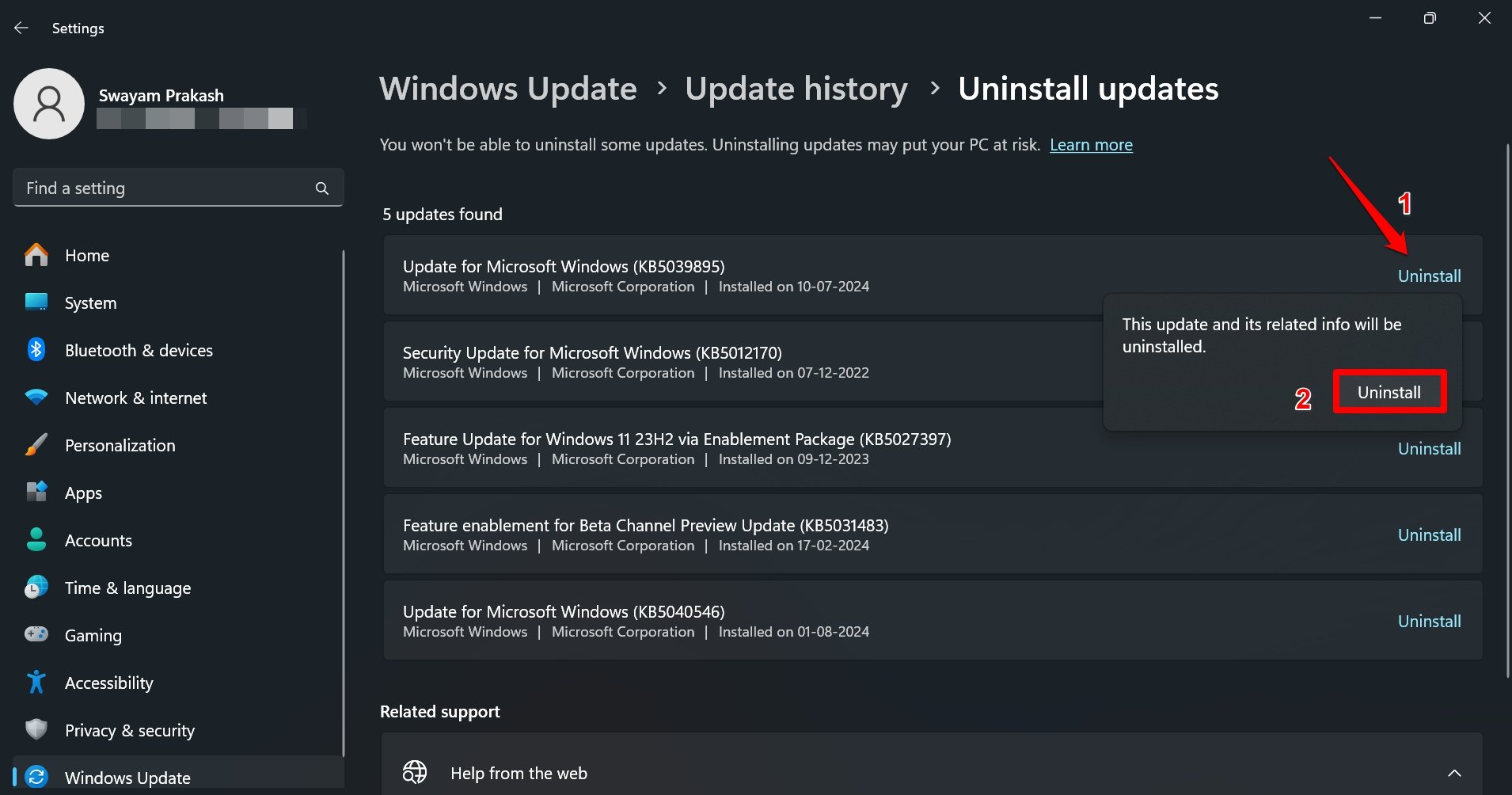 come disinstallare l'aggiornamento di Windows 11