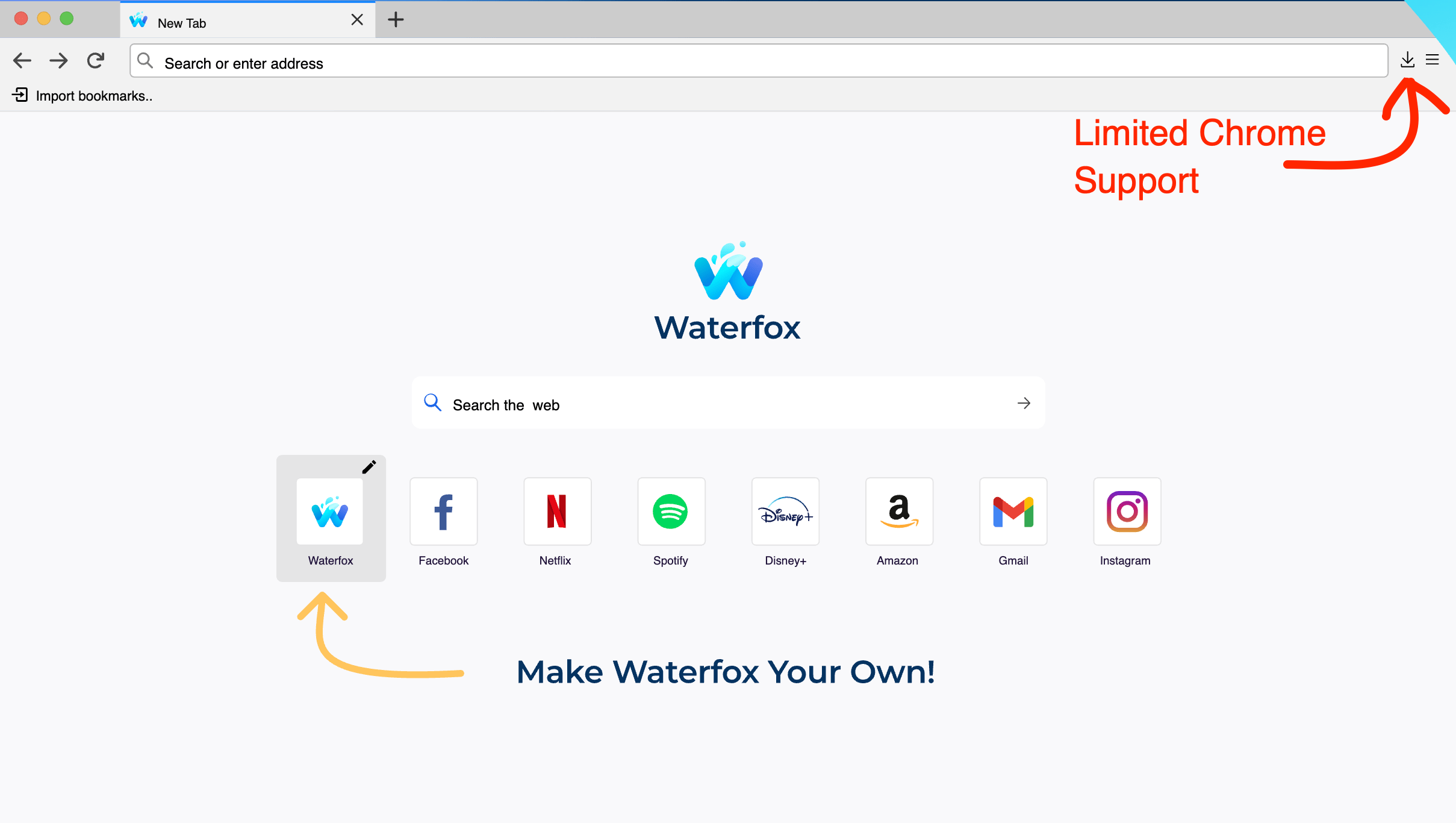 Il browser Waterfox supporta completamente i componenti aggiuntivi di Firefox e alcune estensioni Chrome di base