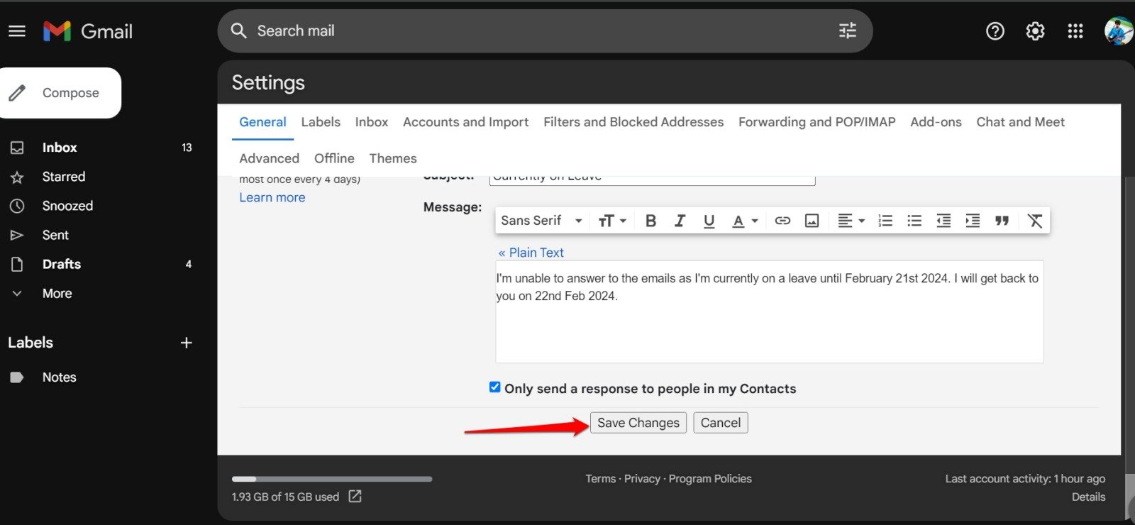 save the changes on Vacation responder