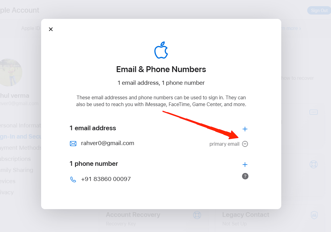 Em seguida, toque no ícone de menos (-) ao lado do ID Apple.