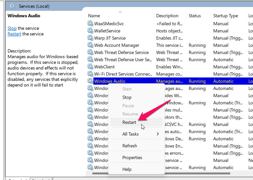 Modifier les paramètres des services liés à l'audio - Services audio ne répondent pas sur Windows