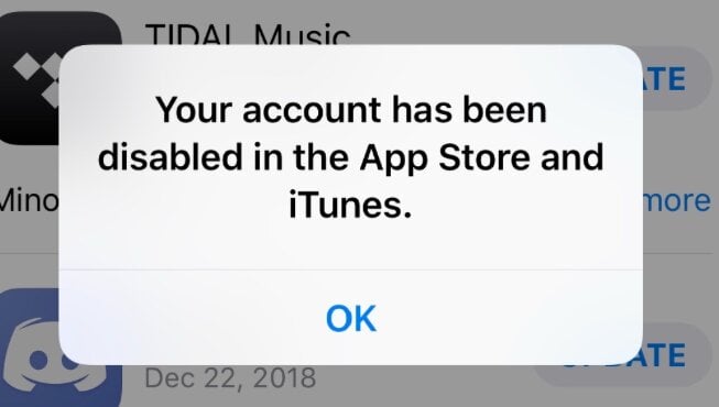 귀하의 계정이 App Store 및 iTunes에서 비활성화되었습니다
