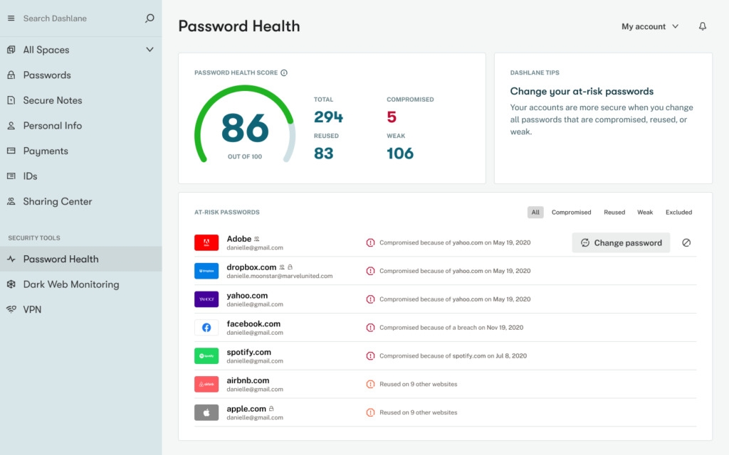 Funzione Salute delle Password di Dashlane - Recensione di Dashlane