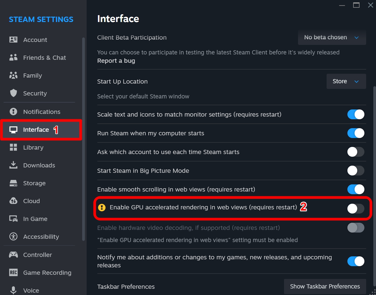 disabilita il rendering accelerato dalla GPU in Steam