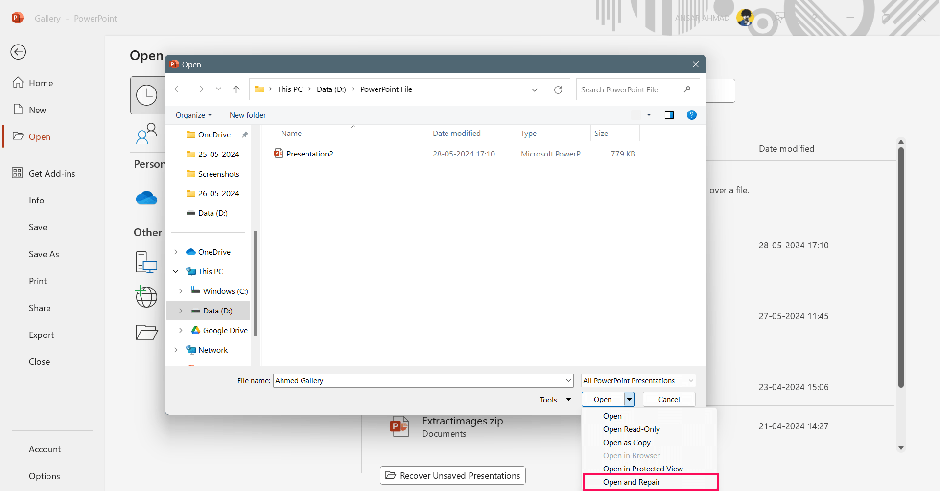 Haz clic en Abrir y Reparar para reparar el archivo