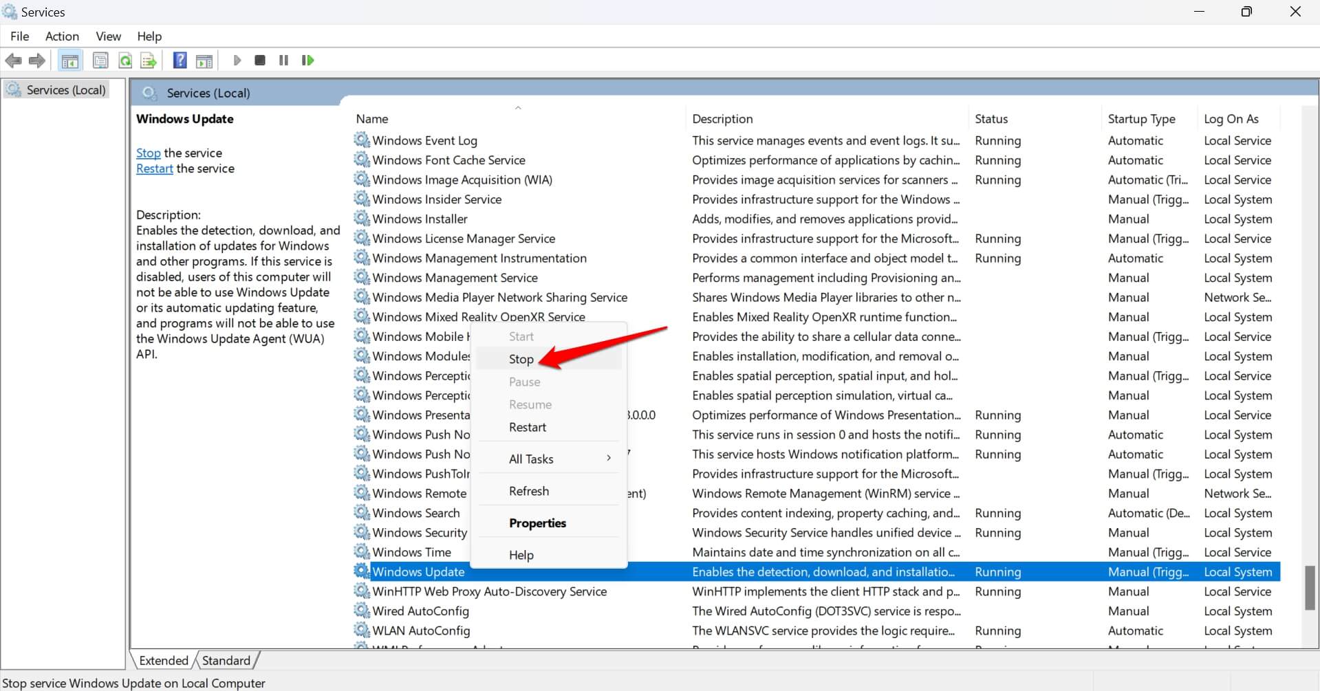 detener la actualización de Windows