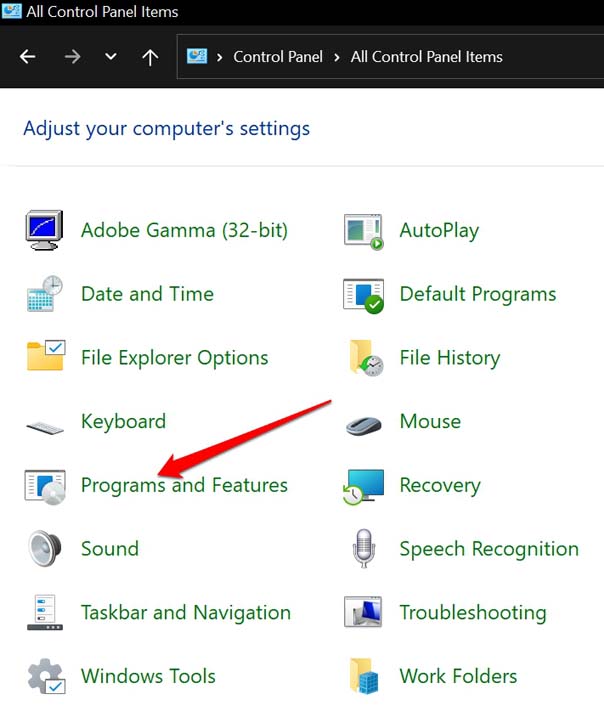 programas y características de Windows