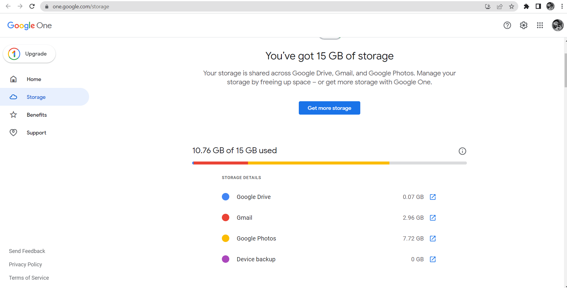 Sitio web de Google One para verificar el espacio de almacenamiento