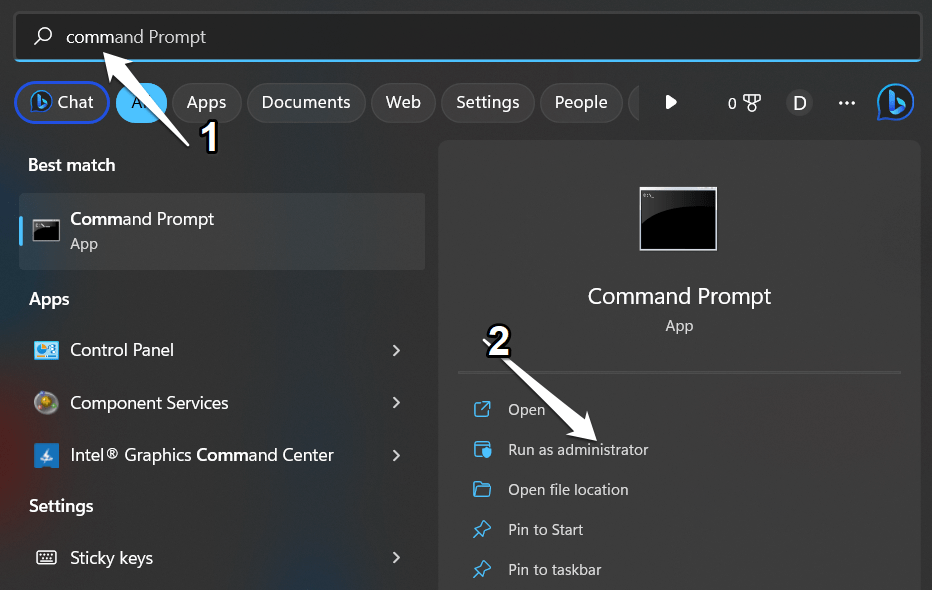 Command Prompt>Run as administrator 