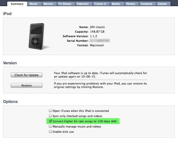 iTunesとiPodでのトラックの変換