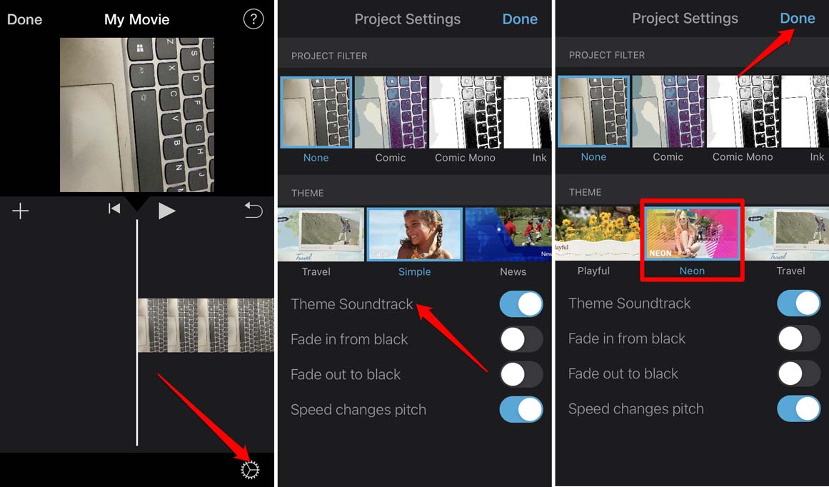 abilita aggiunta colonna sonora a tema in iMovie su iPhone
